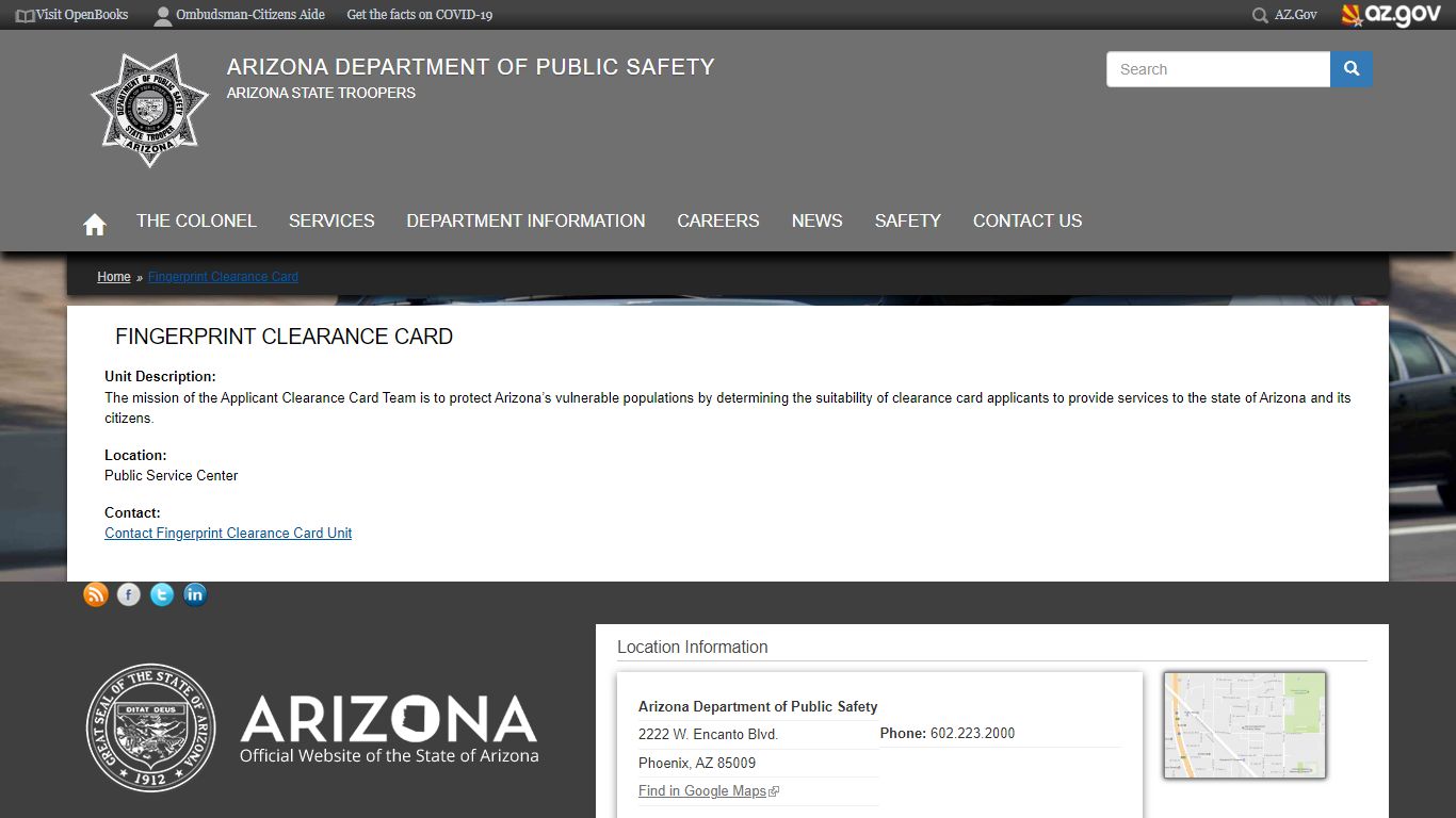 Fingerprint Clearance Card | Arizona Department of Public Safety