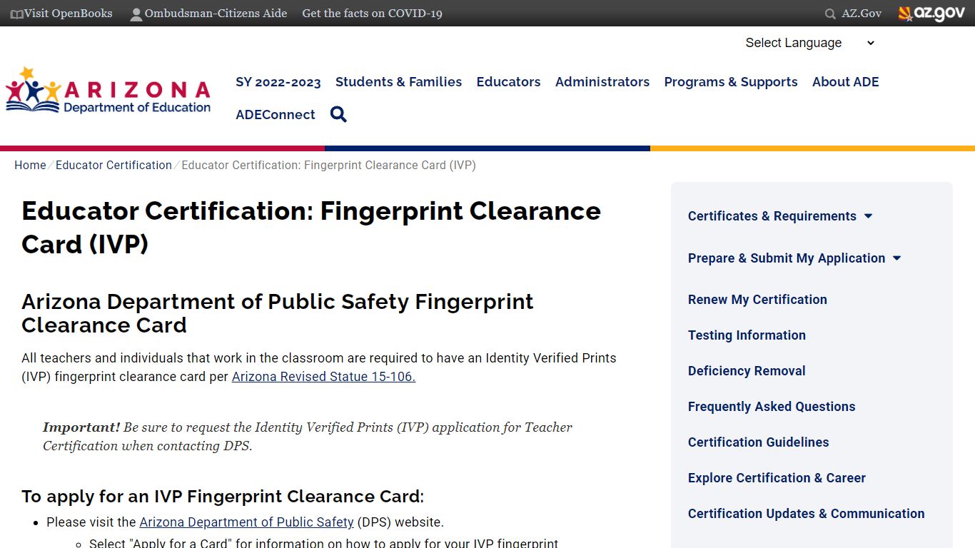 Educator Certification: Fingerprint Clearance Card (IVP)